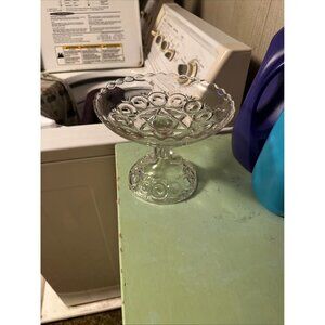 Vintage Clear Glass Pedestal Dish With Scalloped Edge & Sunburst Design